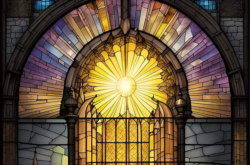 Painted stain glass window.